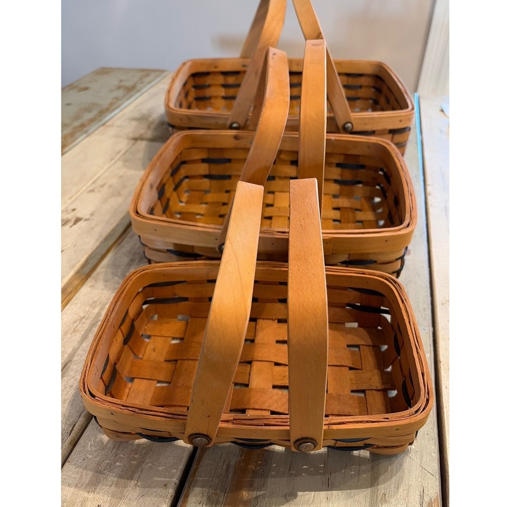 Vintage Set of (3) Rectangular Nesting Baskets Double Swing Handles Woven - Picture 2 of 16